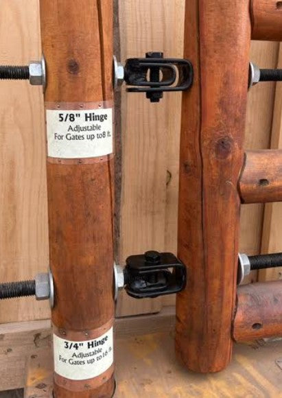 Hamilton Hinge adjustable heavy-duty gate hinges in 5/8-inch and 3/4-inch sizes installed on a wooden ranch gate.